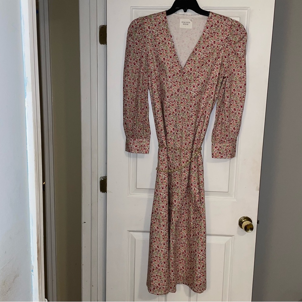 Hyacinth house dress floral pink maxi large V neck front button down puff sleeve